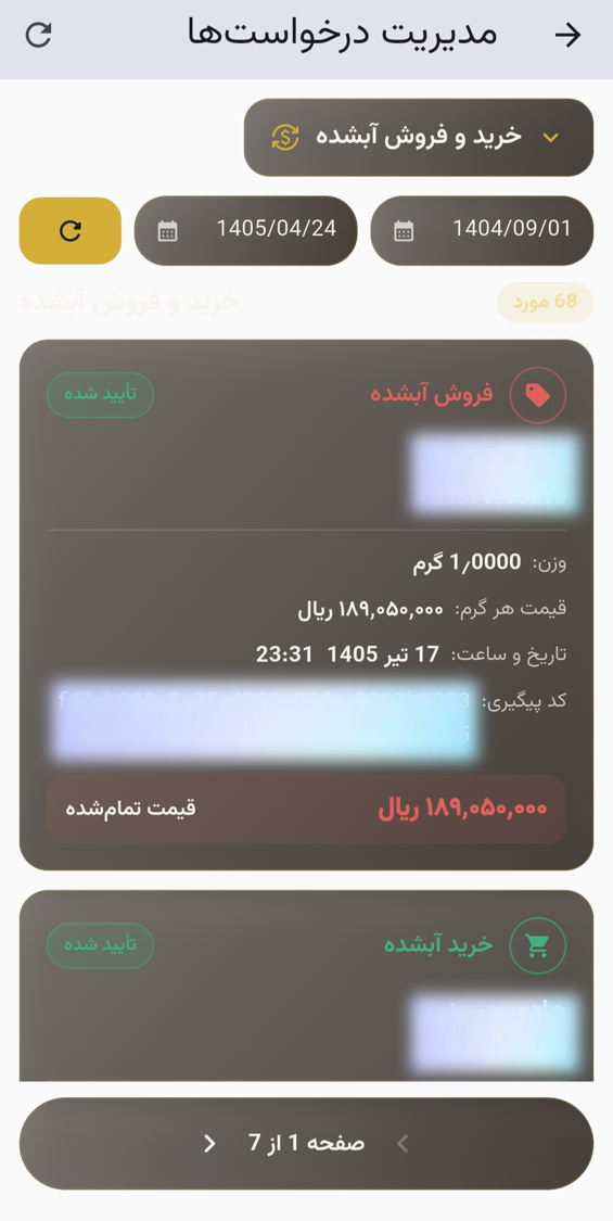 پنل مدیریت درخواستهای خرید و فروش آبشده در طلانیکس — با فیلتر بازه تاریخ و وضعیت تأیید