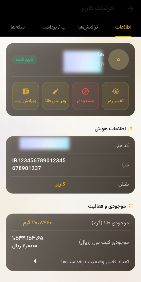 جزئیات کاربر در پنل مدیر — اطلاعات هویتی، موجودی طلا و کیف پول، و کنترل دسترسی